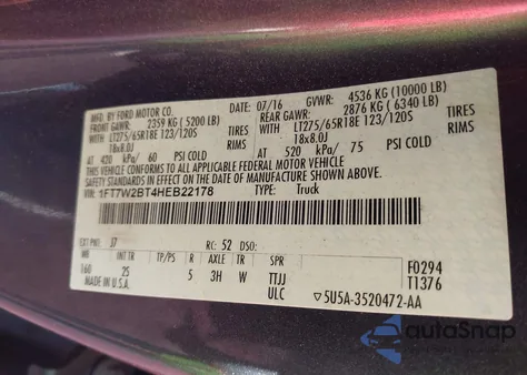 2017 Ford F-250 Xlt z USA, uszkodzony, nr VIN 1FT7W2BT4HEB22178